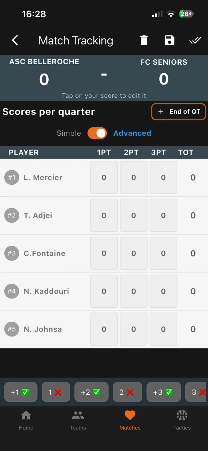 PlayerTrackr's logging screen in advanced mode: one row per player, and the bottom action bar for made and missed shots at one, two and three points.