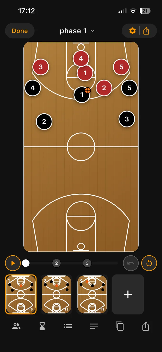PlayerTrackr's tactics board: a set drawn on a half court, broken into three phases.
